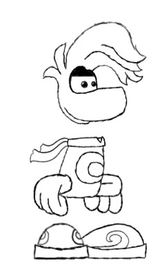 Un dessin illustrant Rayman dessiné par un fan (avec<br /> des cheveux légèrement courbés au niveau des pointes).
