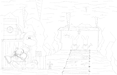 Rayman with a plunger gun, searching for plunger in an Rabbid Hideout