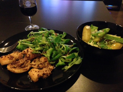 Honey and mustard chicken served with a potato and flat beans salad