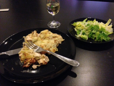 Chicken, potato, leek and mustard gratin