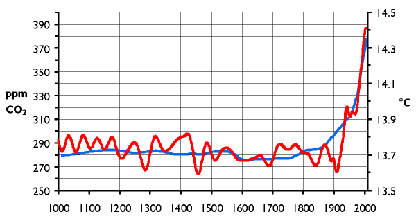 Global mean surface temperature and carbon dioxide concentration in the atmosphere over the last 1,000 years.