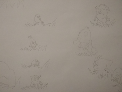 Three Incrediballs (a Sniffler, a Green Piece (particularly Vern) and a Rhinoz) meeting four creatures who appeared on a concept of a new Rayman-inspired animated series.