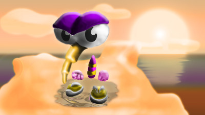 Moskito standing on an orange cliff by a nice sparkly blurry river with a sun and a lens flare and a clouds and a one Moskito standing on only ONE cliff