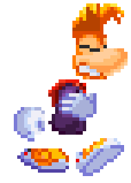 Rayman struggling to move as the strong winds of Mr. Dark’s negative aura begin to take a toll on him.
