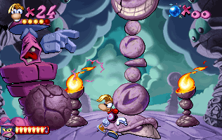 Rayman frappant le rocher que Mr Stone allait jeter.