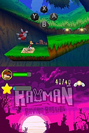 Des Lums rouges dans la version Nintendo DS de Rayman contre les Lapins Crétins.