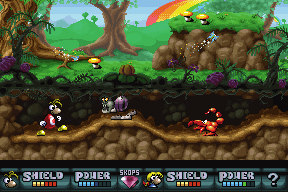 Rayman dans un souterrain. Face à lui se trouvent deux ennemis, l'un ressemblant à une araignée l'autre à un scorpion. Ce dernier est appelé Scorpio dans la Bible de Game Design.