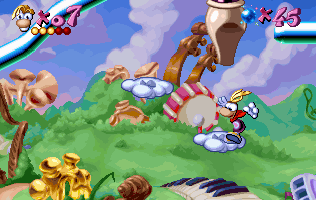 Rayman sautant sur des nuages éphémères.