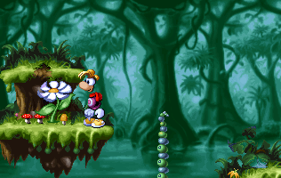Rayman à côté d'une fleur animée dans Rayman Designer.