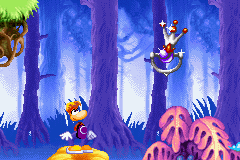 Un Lums violet dans la version Game Boy Advance de Rayman contre les Lapins Crétins.