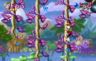 Rayman grimpant sur une liane.