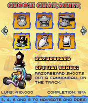 Barbe-Tranchante dans le menu de sélection des personnages de Rayman Kart.