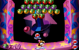 Rayman doit se débarrasser des prunes à l'aide d'une balle dans le mini-jeu Ray Breakout.