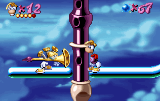 Rayman face à une trompette.