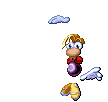 Une animation différente de Rayman parlant en direction de l'écran (et donc du joueur) lorsqu'il est suspendu au bord d'une plate-forme.