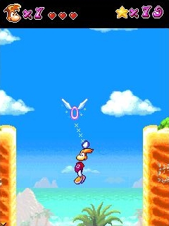 Un Lums violet dans la version téléphone portable de Rayman contre les Lapins Crétins.