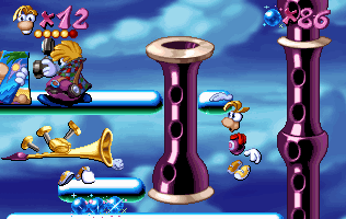 Une trompette essayant d'aspirer Rayman.
