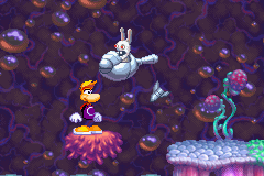Un lapin spatial lâchant une bombe au-dessus de Rayman.