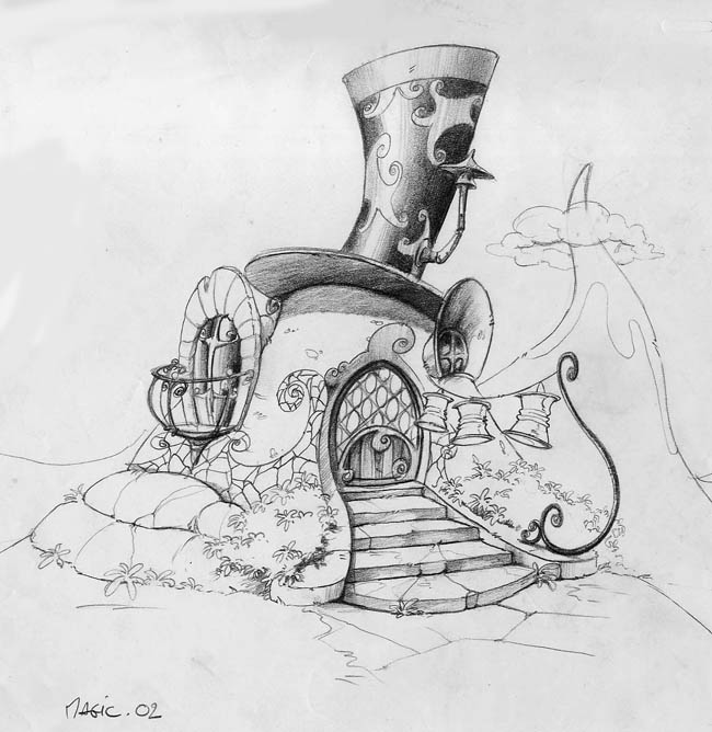 Concept art de la maison du Magicien, un hub des jeux éducatifs Rayman Éveil et Rayman Maternelle.