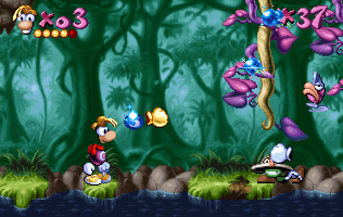 Un petit Livingstone se baissant pour éviter le poing de Rayman.