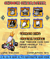 Un Grand Mini couronné dans le menu de sélection des personnages de Rayman Kart.