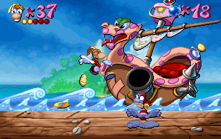 Le pirate lançant sa boucle d'oreille sur Rayman.
