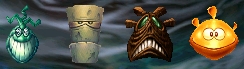Les quatre masques de Polokus dans l'écran de pause de Rayman 2 (détail).