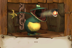 Globox dans le diaporama de fin du jeu, recrachant le Lums noir qu'il a avalé.