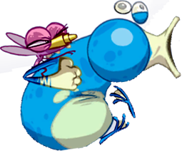 Vue détaillée d'un petit moustique géant portant Globox dans la version finale de Rayman Origins.