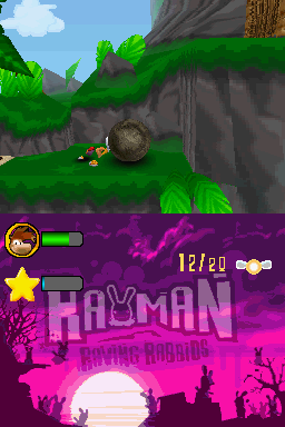 Rayman en train de pousser un boulet en pierre.