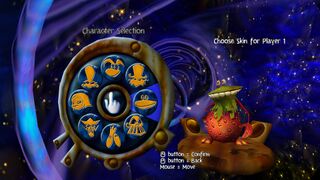 Globox avec une de ses skins, qui le fait ressembler à une fraise.