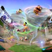 Artwork de Rayman utilisant la capacité Aspiration Vortex dans le décor médiéval