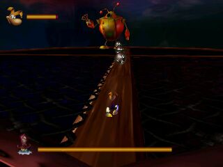 Rayman affrontant Barbe-Tranchante dans son Grolgoth sur la Vigie de l'Écumeur.