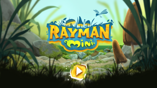 Le menu principal de Rayman Mini, où on peut voir le logo du jeu décoré avec des champignons