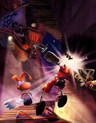 Artwork d'un Sbire Rouge en train de se faire détruire par Rayman dans la Grande Faille, sous les yeux de Barbe-Tranchante à bord d'un Vaisseau Pirate.