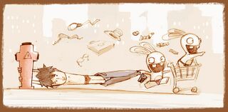 Concept art de l'Équipe Crétine volant les habits d'un civil.