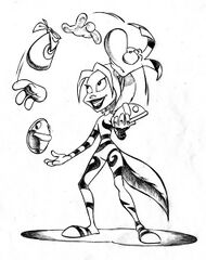 Concept art de Ly jonglant avec les parties du corps de Rayman. On peut notamment le voir dans le manuel anglais de Rayman Revolution.