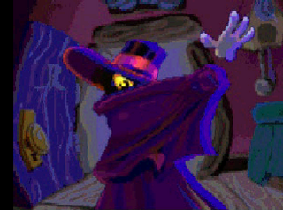 Mr Dark faisant irruption dans la maison du Magicien dans la cinématique d'introduction de Rayman pour les Juniors.