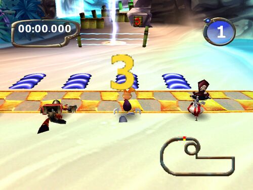 Henchman 800, Rayman et Barbe-Tranchante au départ de la course des Mille Cascades, dans Rayman M.