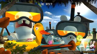 Cette image datant du développement de Rayman contre les Lapins Crétins montre des Lapins-Grenouilles dans Les lapins sont accros au jus de carotte.
