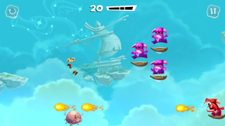Des Minotaures sur des boucliers volants dans un niveau de Rayman Adventures.