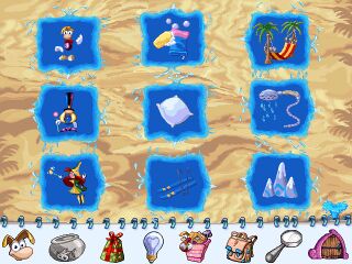 L'écran lié au papillon rose (Rayman Maternelle et Rayman CP). Personnage : Rayman - Bétilla - Le Magicien Action : Se lave - Dort - Skie Objet : Dans le hamac - Sous la douche - Dans la montagne.