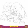 Concept art de Rayman libérant des bébés Globox qui étaient enfermés à l'intérieur du Grolgoth.