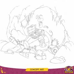 Concept art de Rayman libérant des bébés Globox qui étaient enfermés à l'intérieur du Grolgoth. Cette image suggère que le rôle de cette machine a été modifié durant le développement de Rayman 2. Elle devait peut-être apparaitre plus souvent, être un ennemi du jeu ou le boss d'un autre niveau, plutôt que le boss final.