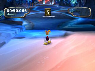 Rayman devant l'étendue d'eau collante.