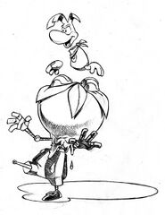 Concept art de Barbe-Tranchante avec une prune enfoncée sur sa tête, sur laquelle se tient Rayman. On peut notamment le voir dans le manuel anglais de Rayman Revolution.