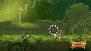 Cette image datant du développement de Rayman Adventures montre un Lividstone en train de se faire tuer par une scie circulaire.
