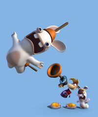 Artwork de Rayman affrontant des Lapins Crétins, utilisé pour la jaquette de Rayman contre les Lapins Crétins