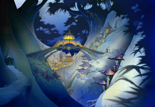 Concept art d'un pont d'Aéropolis à la tombée de la nuit.