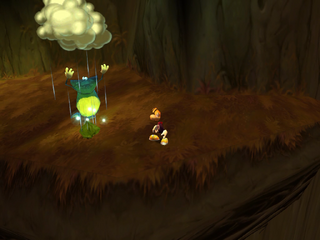 Rayman observant Globox utiliser sa Danse de la Pluie dans la Canopée.